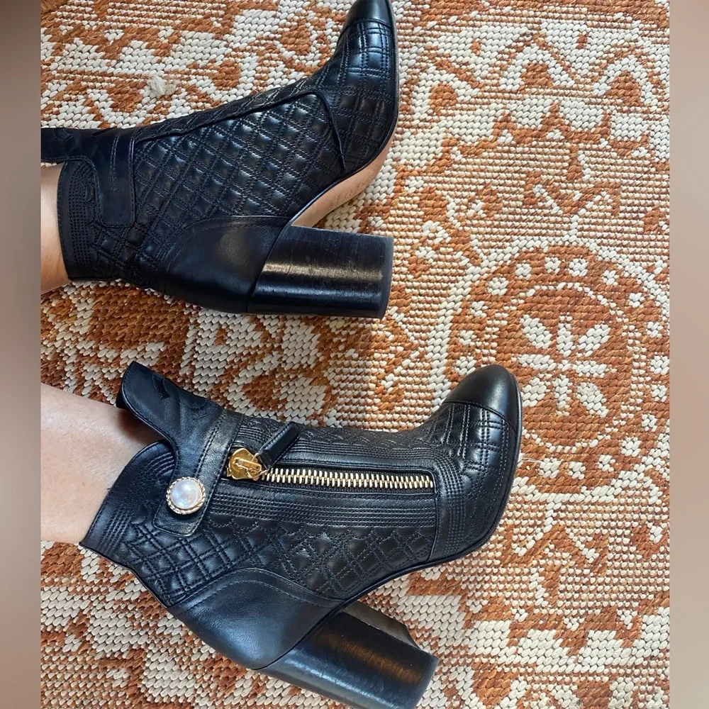 CHANEL Black Quilted Heeled Ankle Boots with Pearl accents